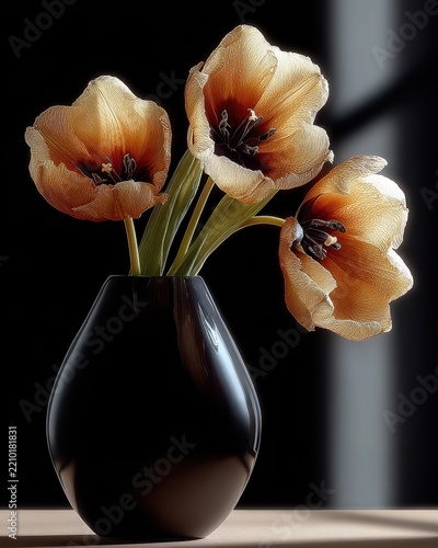 Dried tulip flowers casting soft shadows in a minimalist black vase under warm light