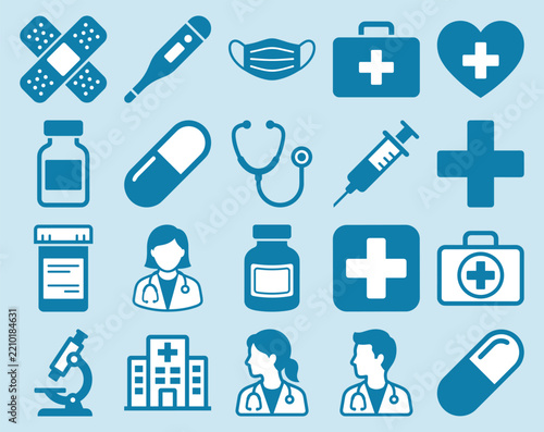 Healthcare and medical equipment icons. Blue healthcare icons for medical and hospital information systems