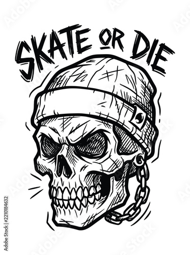 Skull wearing beanie with skate or die text. Skull wearing a beanie with skate or die text for apparel design