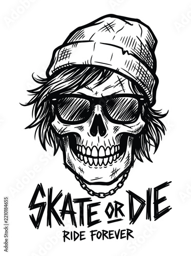 Skull with beanie sunglasses and skate or die text. Skateboarder skull with beanie and sunglasses for apparel printing