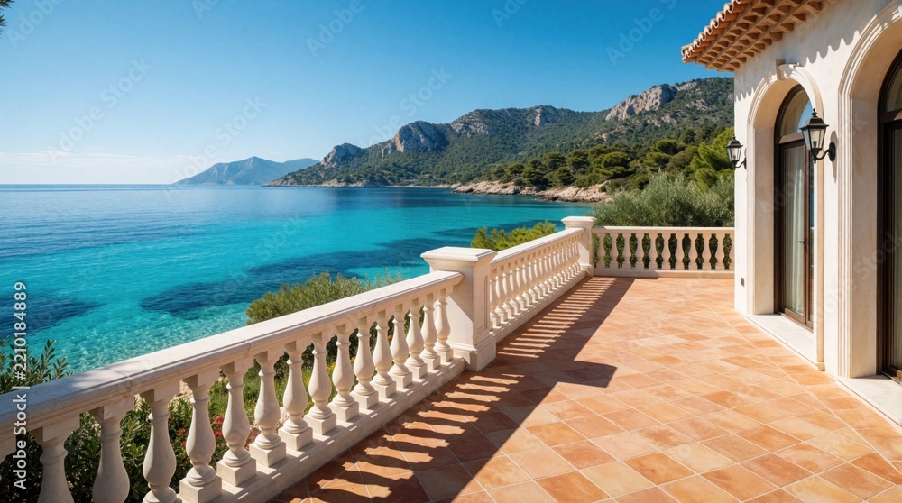 Fototapeta premium Luxury Mediterranean villa with large stone terrace overlooking calm turquoise sea. Elegant balcony with white balustrade offers panoramic ocean view, coastal landscape. Sunny summer day at expensive
