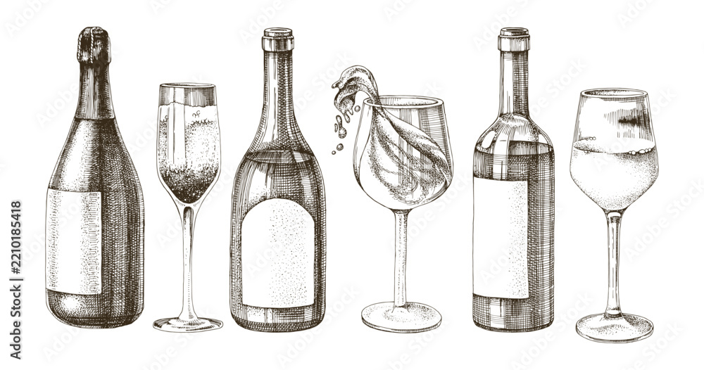 Obraz premium Wine bottles and glasses vector sketch