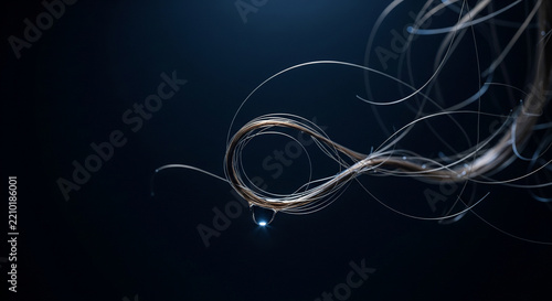 Macro view of a human hair strand with a glowing droplet of serum or water for hair care concept