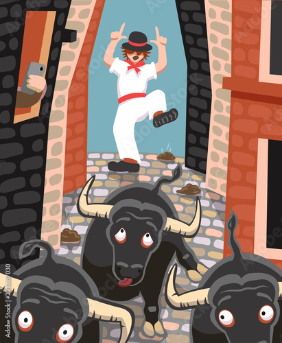 Cartoon illustration of role reversal during Spanish bull run