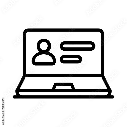 Black and white line art vector icon of a laptop displaying a user profile with an avatar and text lines, symbolizing online accounts, user data, or digital registration