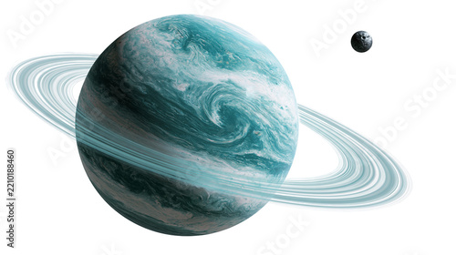 Turquoise gaseous planet with swirling clouds and rings and a small rocky moon