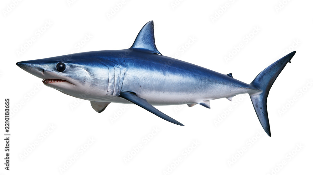 Fototapeta premium Shortfin mako shark swimming with blue metallic skin and sharp teeth