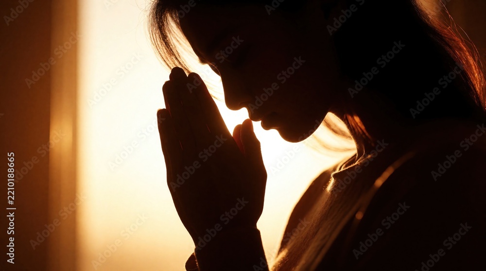 Fototapeta premium Silhouette of young woman praying with hands together in warm sunset light. Female believer shows faith, devotion in peaceful moment. Religious person seeks spiritual connection, hope, divine grace