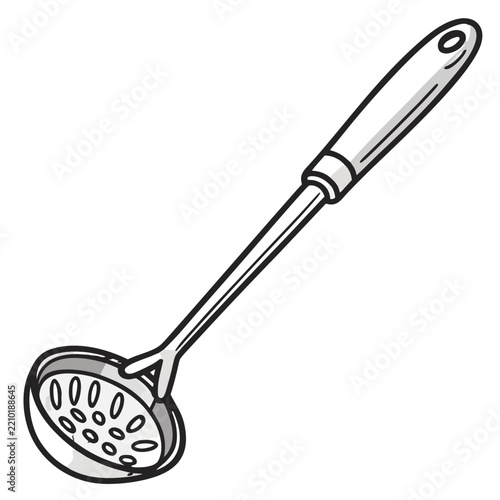 a stainless steel skimmer ladle with a perforated bowl, a long metal shaft, and a white handle with a hanging hole, drawn in black and white line art with bold outlines.