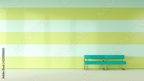 Waiting room with bench in front of striped wall