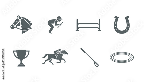 Detailed set of gray icons representing horse racing and equestrian sports including jockeys horseshoes and trophies.