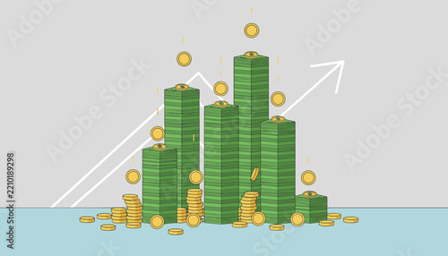 Financial growth concept illustration shows stacks of cash forming bar charts with falling gold coins and rising white arrows on a gray background.