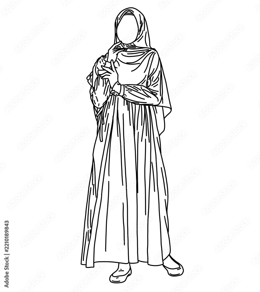 Fototapeta premium Muslim Woman Wearing Syari Hijab and Abaya Vector Illustration, Elegant Hijabi Girl in Modest Pastel Outfit Line Art Illustration, Modern Muslimah Character in Syari Outfit Vector Flat Design