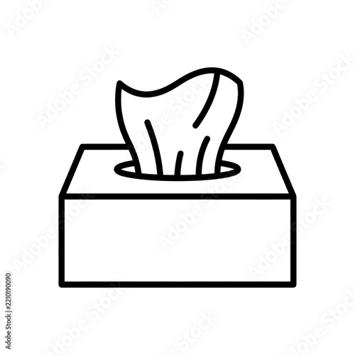 Simple line art icon of a tissue box with a single tissue pulling out, representing hygiene, cleanliness, and cold or flu season care