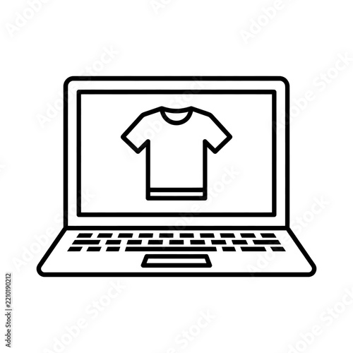 Laptop computer icon with a tshirt on the screen, representing online clothing shopping and ecommerce