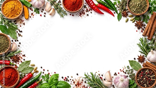 Colorful spices, herbs, chili, garlic and aromatic seasonings form a decorative border with clean copy space, ideal for food advertising, recipes, menus and culinary design.