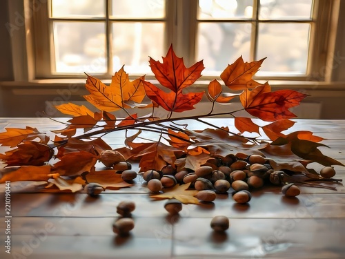 Autumn maple leaves and scattered acorns on a wooden table near a window.