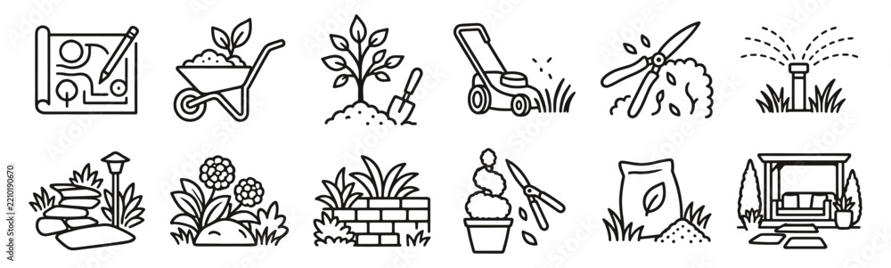 Obraz premium Landscape gardening line icon set. Planting, lawn mowing, irrigation and hedge trimming linear vector illustration. Outline signs for garden design, outdoor maintenance and patio landscaping.