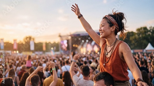 Excited young asian woman sitting on friend shoulders and cheering at outdoor music festival. Carefree female concert fan enjoying live stage performance with happy crowd at summer gig.