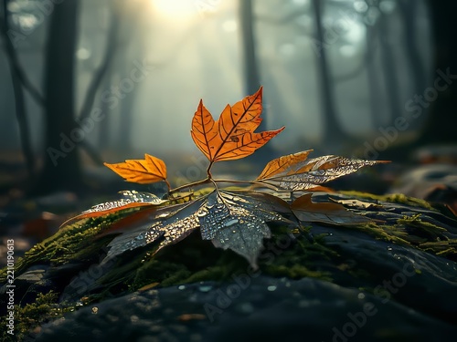 Dew covered autumn maple leaf resting on mossy forest rock at sunrise.