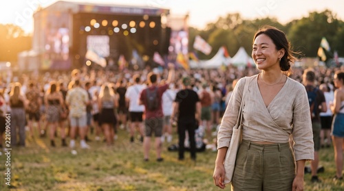 Smiling asian woman standing on field at outdoor summer music festival during sunset. Cheerful female music fan enjoying live open air concert with stage background.