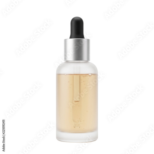 Frosted glass cosmetic dropper bottle containing golden skincare serum liquid