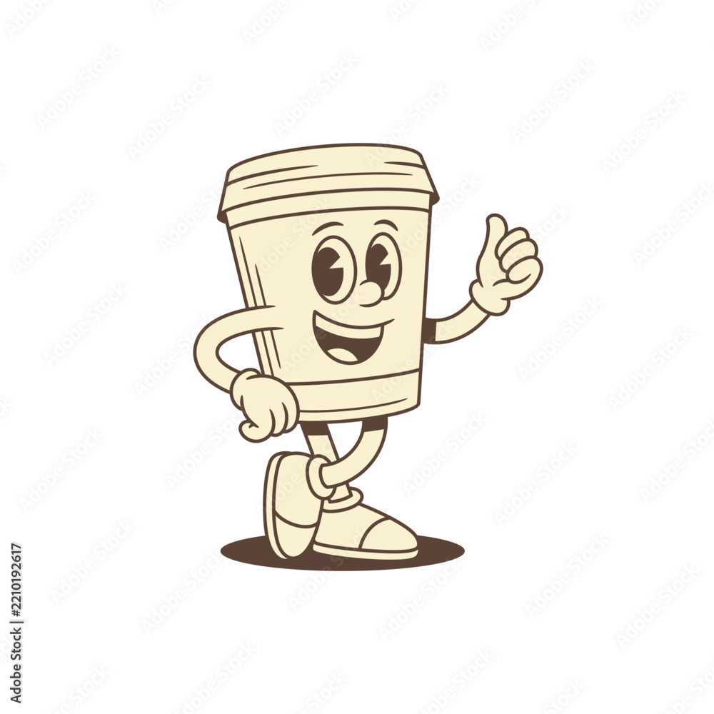 Obraz premium Happy coffee paper cup cartoon character cool contoured vector flat illustration. Smiling funny minimalist morning hot caffeine beverage mascot showing thumb up recommend gesture