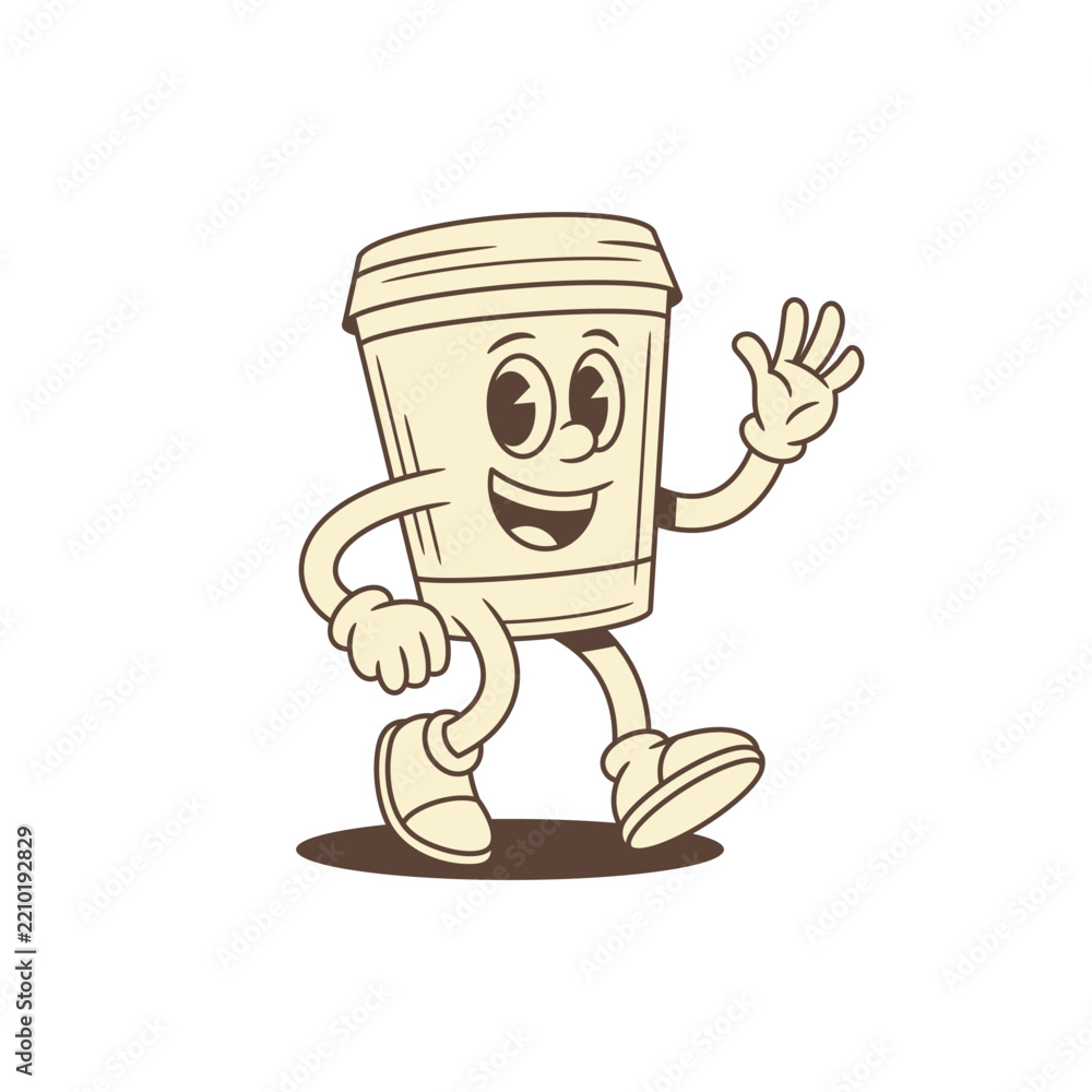 Obraz premium Cute coffee paper cup cartoon character walking greeting contoured vector flat illustration. Comic positive minimalist caffeine morning hot beverage mascot waving hand hi hello happy emotion