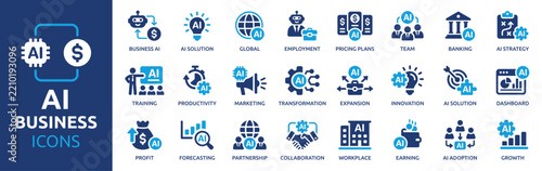 AI Business icon set, Artificial Intelligence, Automation, Strategy, Finance, Productivity, Marketing and Digital Transformation Solid Vector Collection