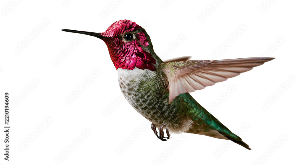 Obraz premium Anna s hummingbird in flight with iridescent magenta head and green plumage