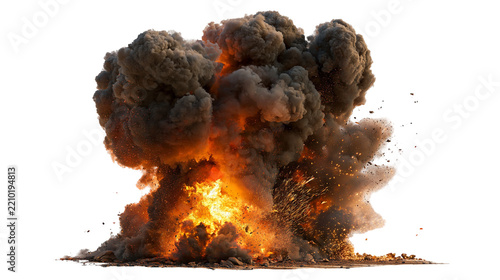Fotografie Massive fiery explosion with thick dark smoke and glowing orange sparks