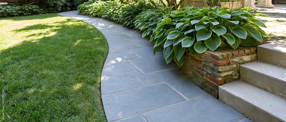 Obraz premium Curved stone pathway winding through a green lawn bordered by hosta plants and brick retaining wall near steps