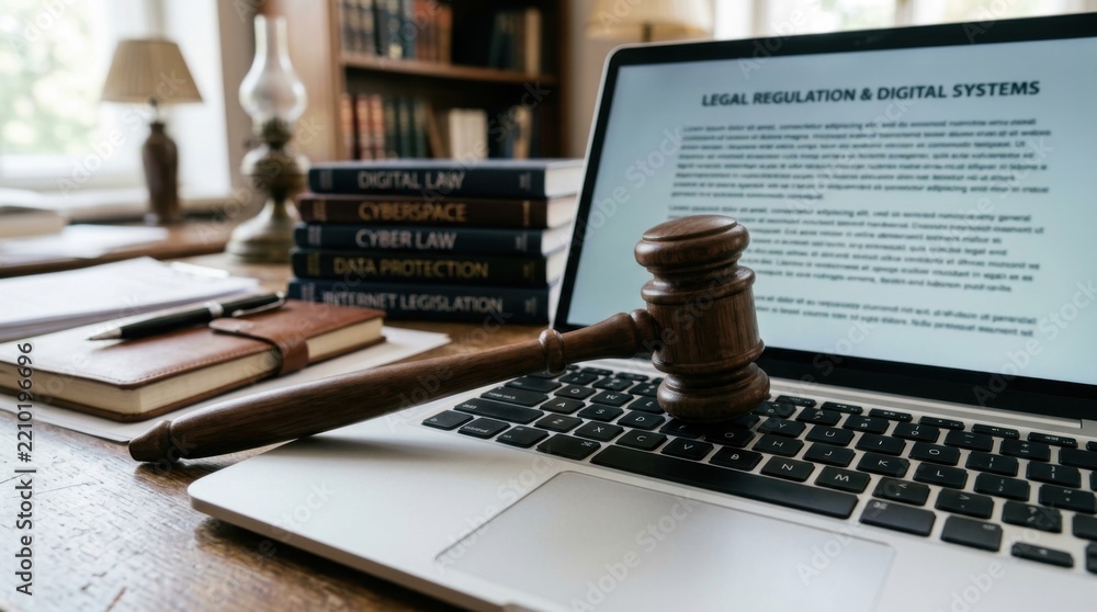 Obraz premium Legal Regulation and Digital Systems Gavel on Laptop with Law Books and Desk Lamp