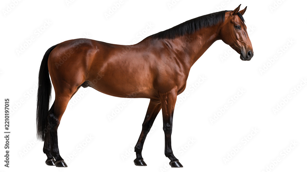 Obraz premium Full body side view of a muscular bay horse with black mane and tail