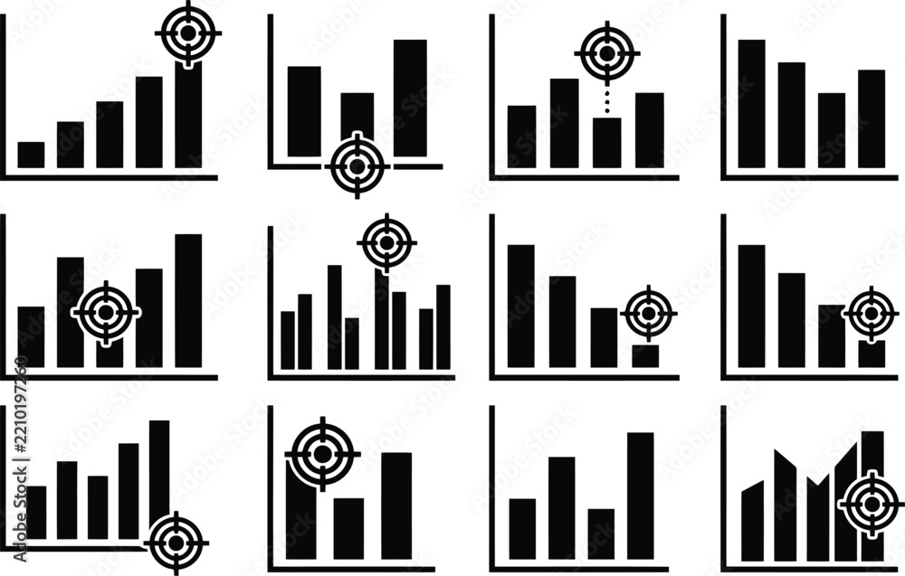 Obraz premium Set of black bar chart featuring target symbols indicating goals and performance metrics on a clean white background, for business