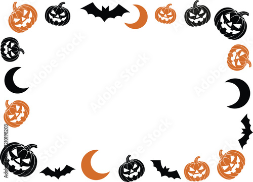 Spooky Halloween Pumpkin Border Frame with Bats and Crescents EPS Vector File