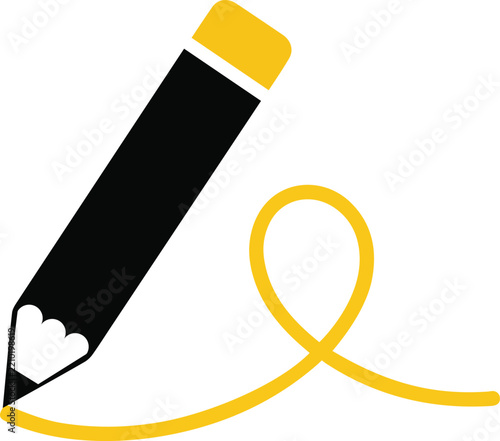 Stylized black and yellow pencil drawing a looping line vector illustration featuring an education and creativity graphic design layout in EPS format