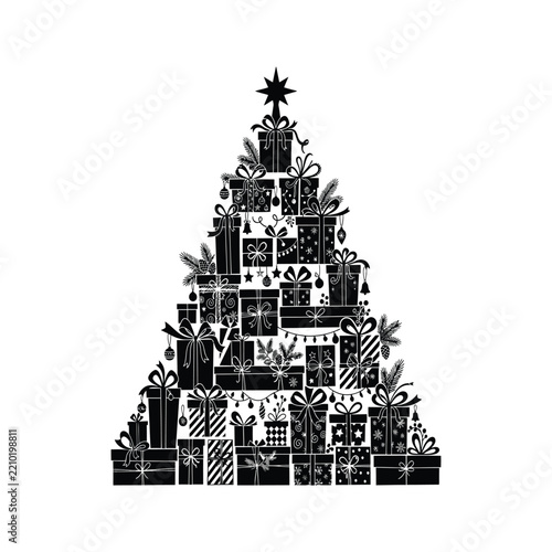 Elegant Black and White Christmas Tree Illustration Formed from Stacked Decorative Gift Boxes, Intricate Geometric Patterns, Festive Bows and a Shining Star on a Clean White Background
