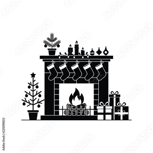 Minimalist Black and White Christmas Fireplace Illustration with Hanging Stockings, Decorative Candles, Evergreen Branches, Festive Gifts and Elegant Holiday Mantel Decorations
