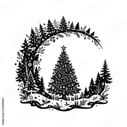 Elegant Black and White Christmas Tree Illustration with Decorative Pine Branches Forming an Arched Forest Frame, Intricate Snowflakes and Festive Winter Ornament Details
