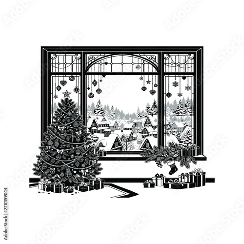 Elegant Black and White Illustration of a Traditional Window with Decorative Hanging Ornaments, Snowy Mountain Scenery and Festive Evergreen Trees, Detailed Winter Landscape Design
