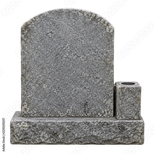 Blank granite tombstone with arched top and vase, isolated memorial monument