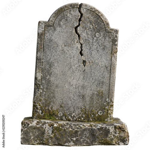 Weathered blank tombstone with crack, moss and lichen isolated
