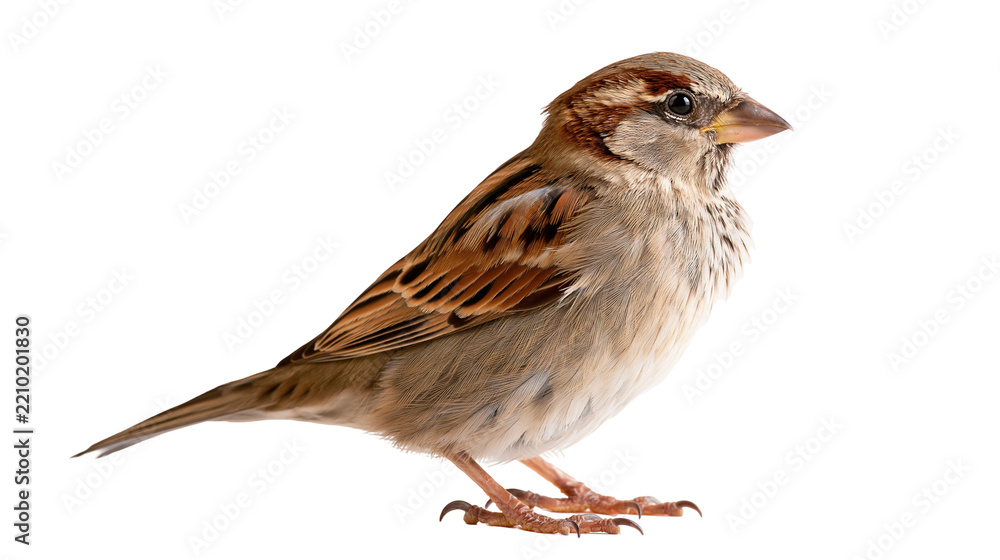 Fototapeta premium Small brown house sparrow bird standing in profile view
