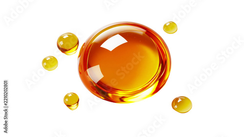 Golden yellow oil drop with smaller liquid droplets