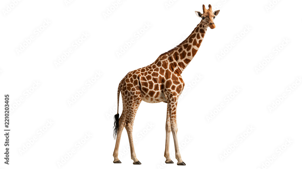 Obraz premium Full body standing giraffe with brown patterned coat and long neck