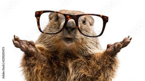 Groundhog wearing tortoise shell glasses with open paws