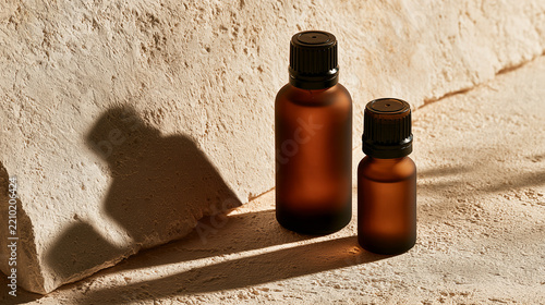 Two amber glass essential oil bottles on lime plaster surface