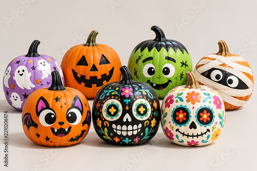 Colorful Painted Halloween Pumpkins with Decorative Faces and Outdoor Autumn Decorations