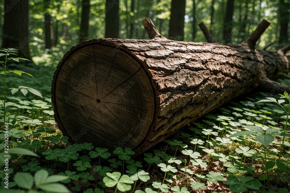 Obraz premium Large fallen tree log lies on forest floor among green clover plants. Old wooden trunk rests on mossy ground in woodland. Natural texture of bark, wood rings visible in sunny timber woodland